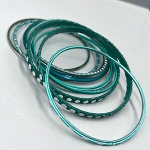 Vintage Teal Bangle Bracelet Set Aqua Green Glitter Textured Stackable 9 Pieces